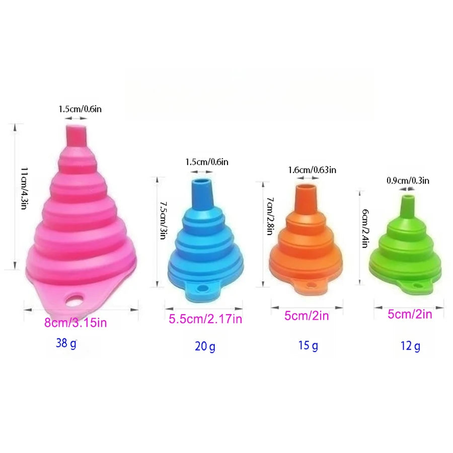 Set de 4 Entonnoirs Pliables en Silicone — Pratique et Compact pour Transvaser Liquides et Ingrédients !