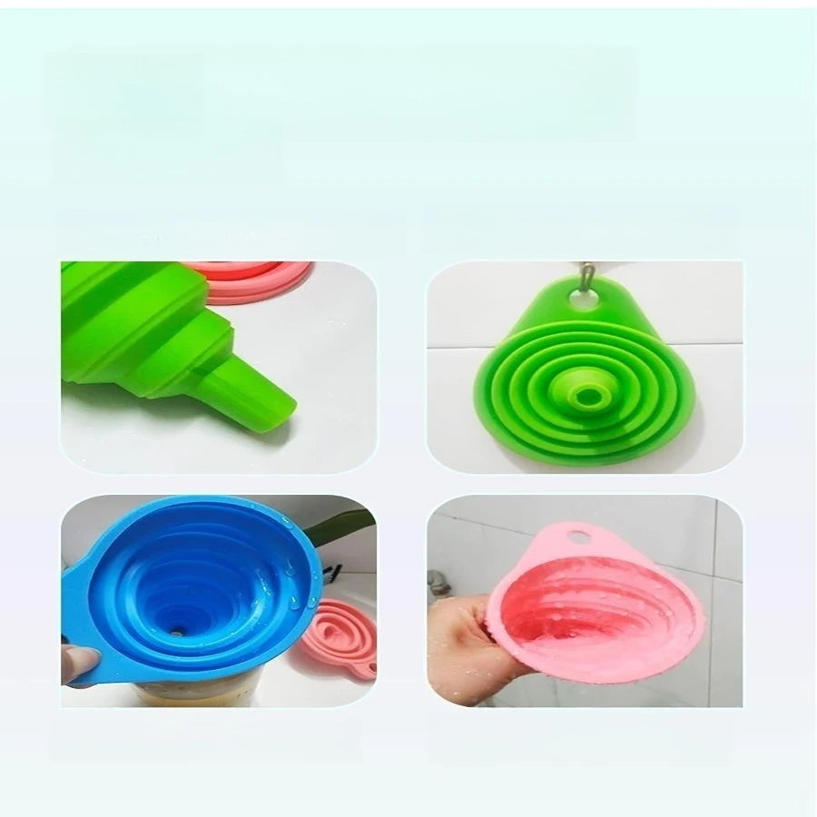 Set de 4 Entonnoirs Pliables en Silicone — Pratique et Compact pour Transvaser Liquides et Ingrédients !