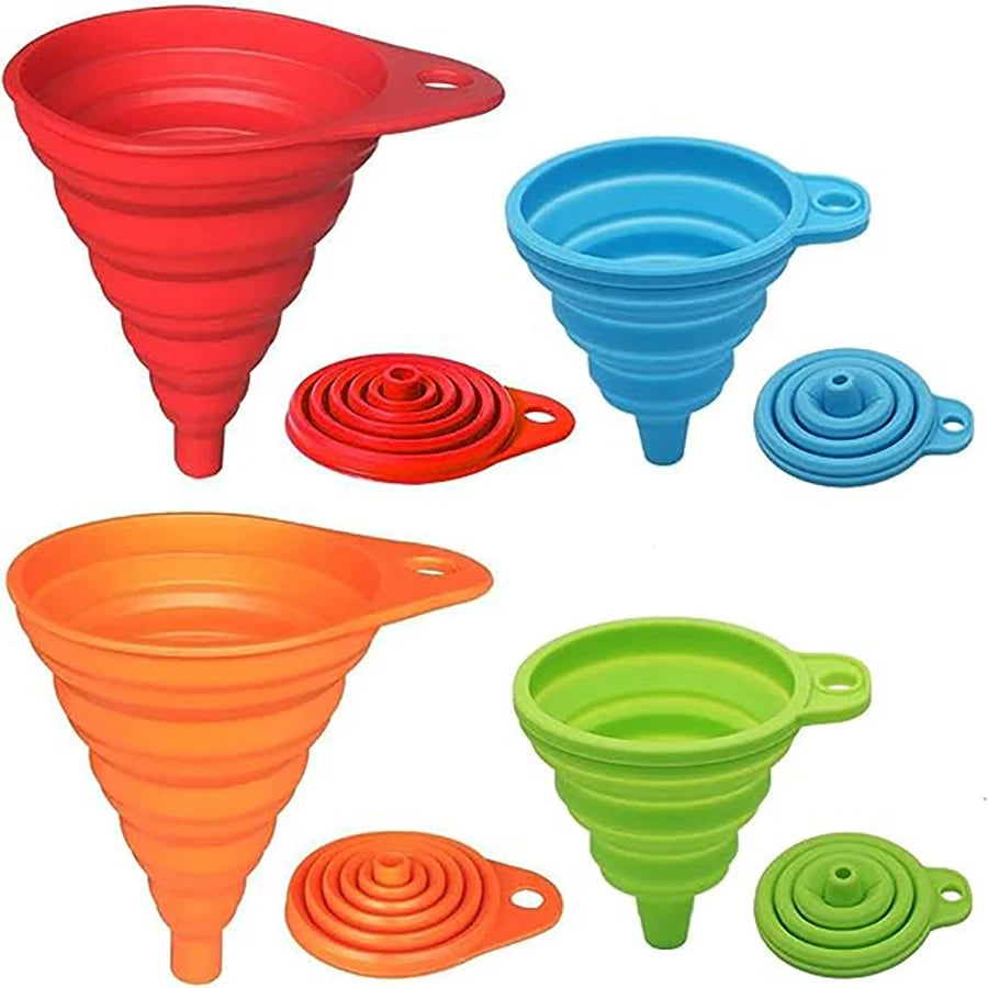 Set de 4 Entonnoirs Pliables en Silicone — Pratique et Compact pour Transvaser Liquides et Ingrédients !